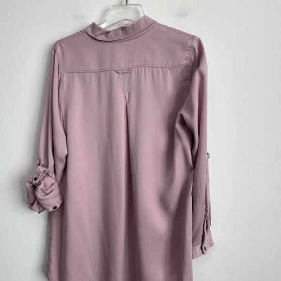 Soft Surroundings Tencel Tunic L Dusty Rose Roll Tab Sleeve Top Half Snap 2AC71 - Picture 6 of 8